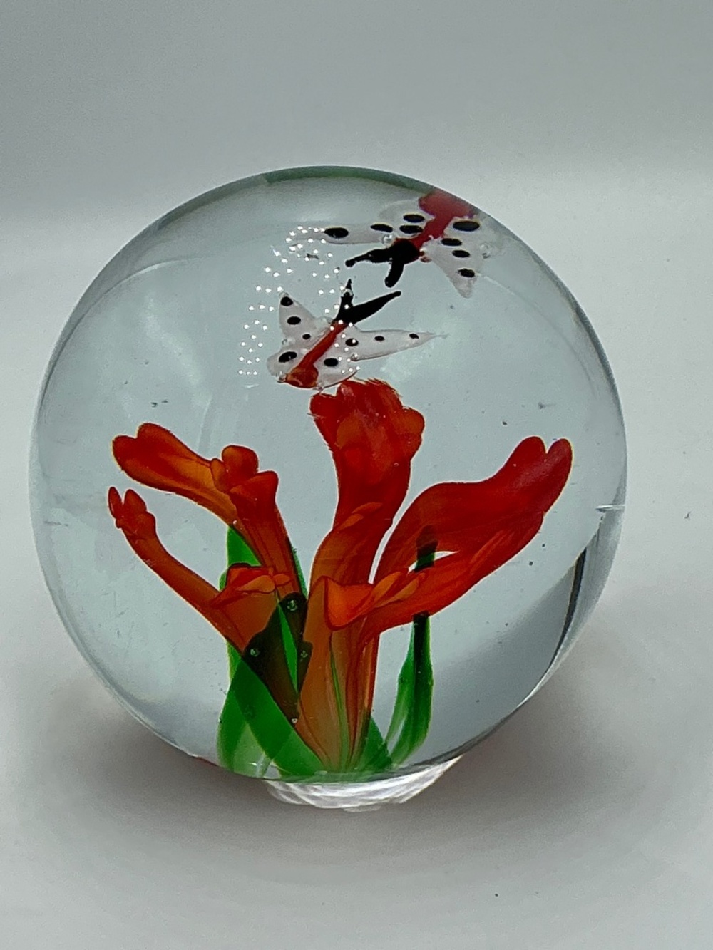 Vintage Art Glass Paperweight Orange Floral Butterfly Controlled Bubbles Sphere